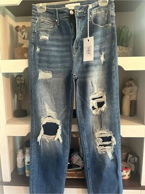Risen Distressed Blue Denim Jeans